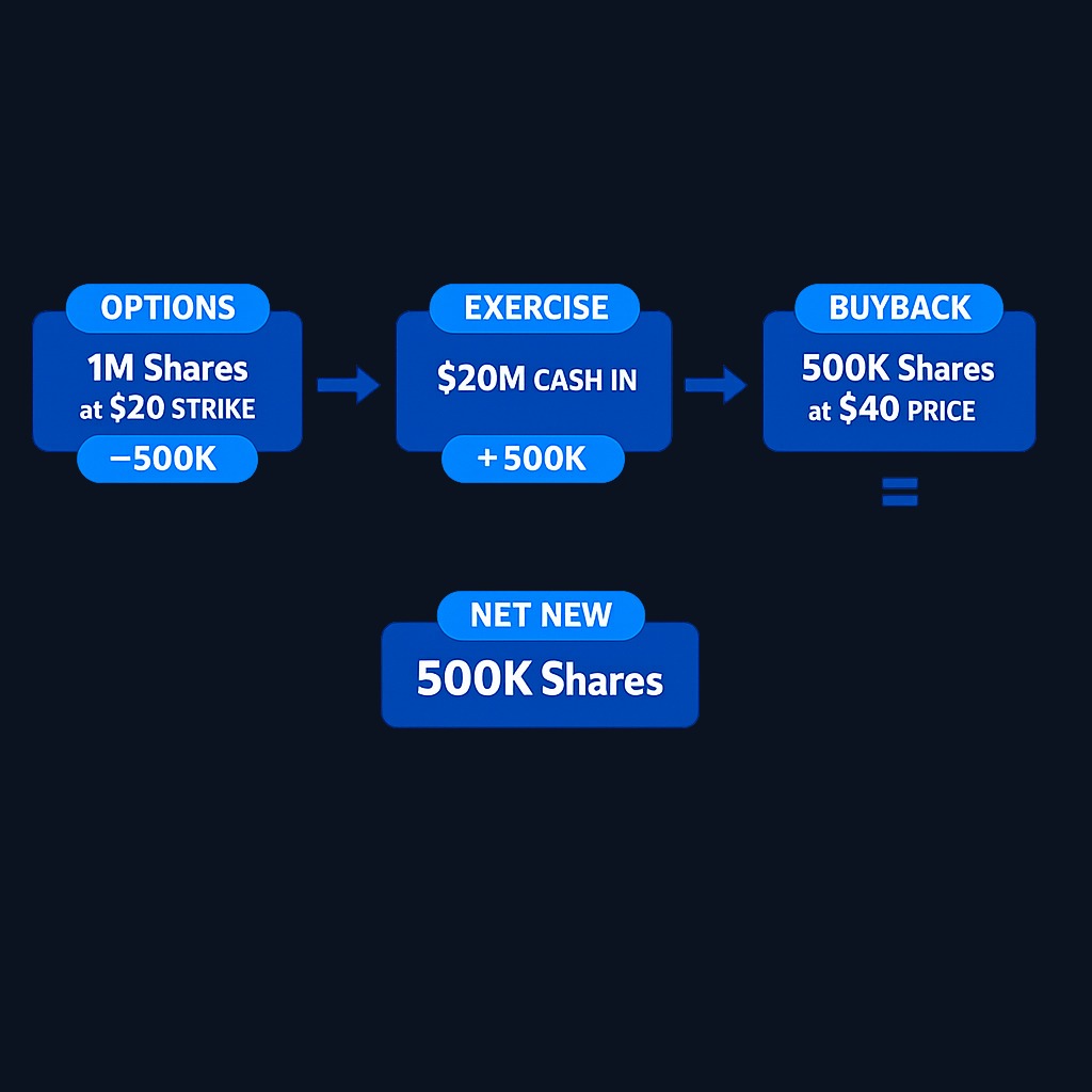 The treasury stock method calculates dilution from stock options. Employees exercise 1 million options at $20 strike (raising $20 million),