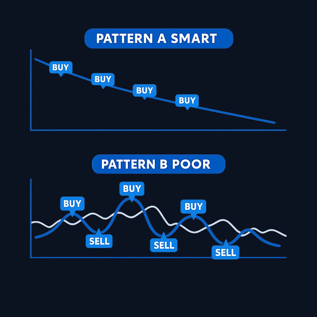 Two buyback patterns with opposite outcomes. Pattern A: steady repurchases across market cycles, declining share count, compounding