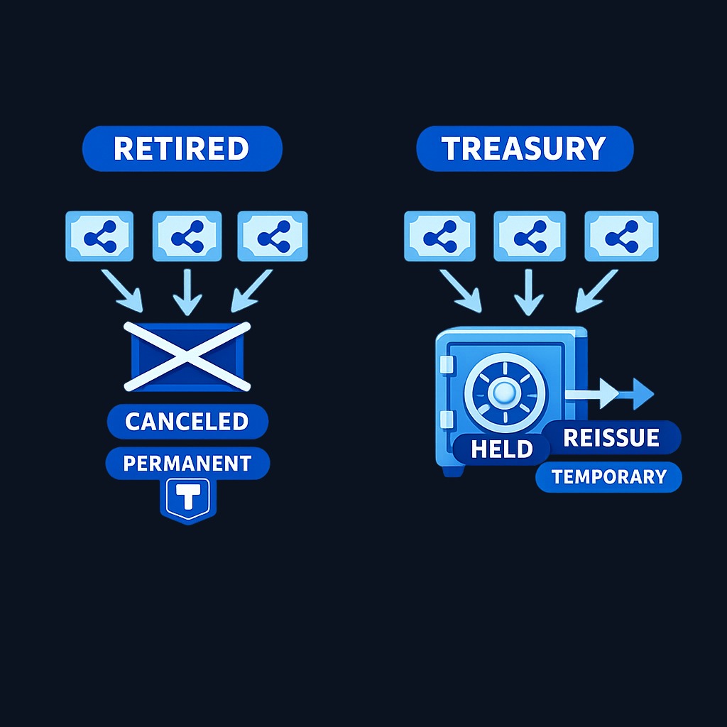 Retired shares are permanently canceled and cannot return to dilute shareholders. Treasury shares remain issued and can be reissued later for employee compensation, acquisitions, or capital raises, potentially diluting ownership again. Is a buyback better than a dividend?