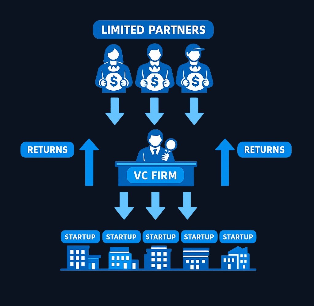 The venture capital ecosystem has three layers: limited partners (pension funds, institutions) provide capital to VC firms, who then evaluate and invest in multiple startups. Founders receive funding and give up equity; VCs manage the portfolio and provide oversight;