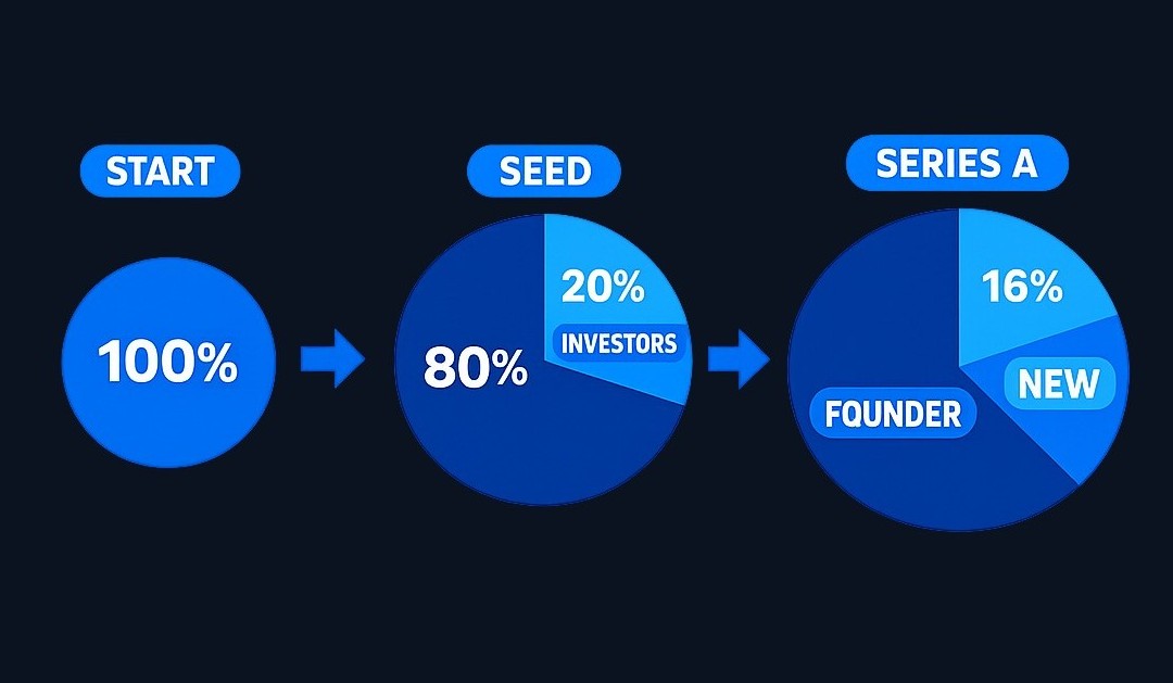 Dilution example: A founder starts with 100% ownership. After a seed round, ownership drops to 80% (investors receive 20%). After