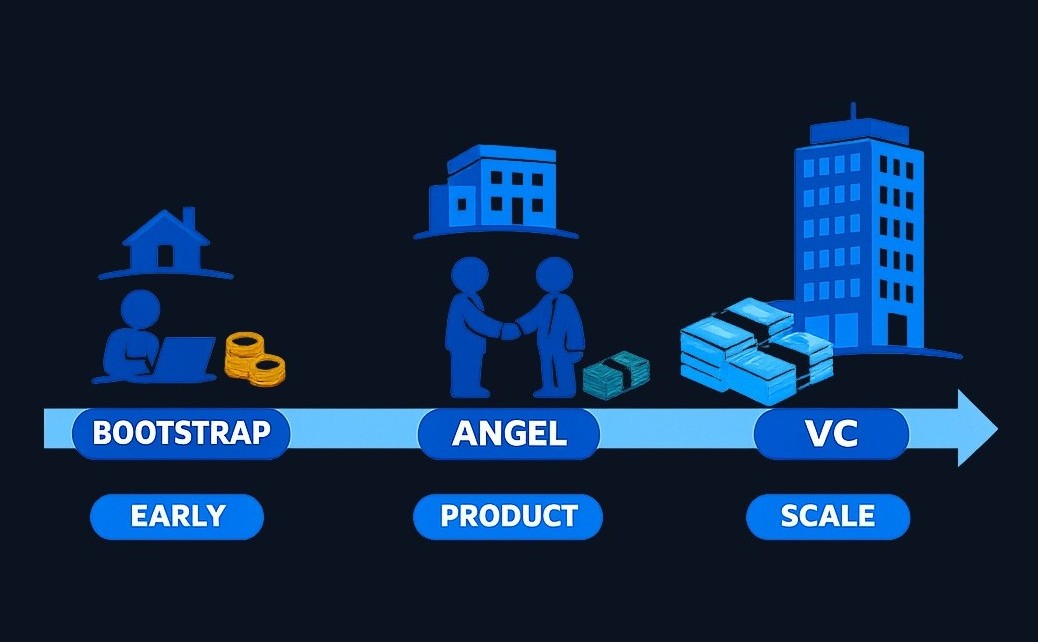 A staged funding approach: founders can start by bootstrapping (using personal savings or early revenue), then raise angel capital when the product shows promise, and finally seek venture capital once there's evidence of a larger market opportunity. Each stage provides