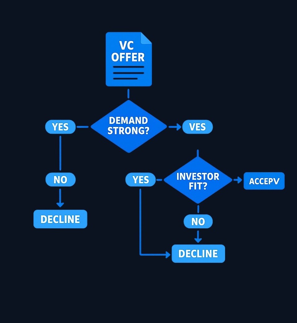 Decision framework: Before accepting VC, founders should work through key questions about demand strength, investor fit, ownership dilution, and governance. If evidence for growth is weak or the investor is poorly matched, VC may add pressure without solving core