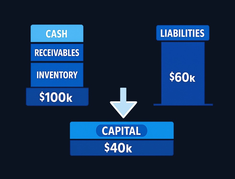 In this example, $100,000 in current assets minus $60,000 in current liabilities leaves $40,000 in working capital. Notice that the $40,000