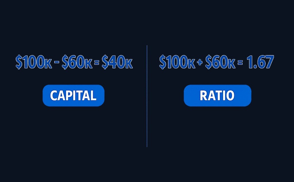 Working capital is a dollar amount ($40,000), while the current ratio expresses the same relationship as a multiple (1.67). Both use the