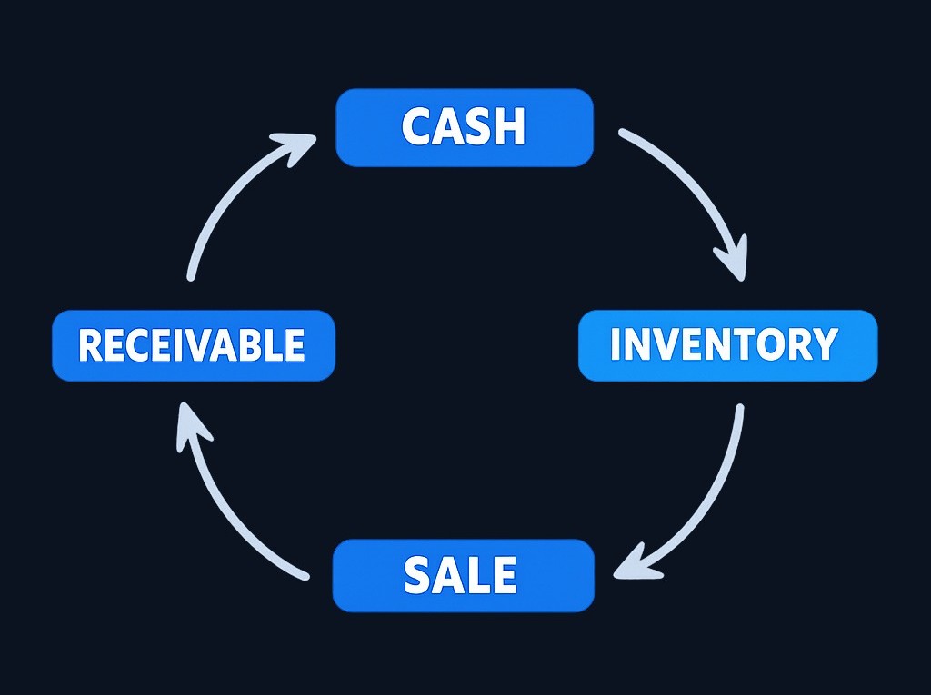 Money cycles through operations: cash is spent on inventory or inputs, which generate sales, which create receivables, which convert back to cash. The longer each stage takes, the more funding is needed.