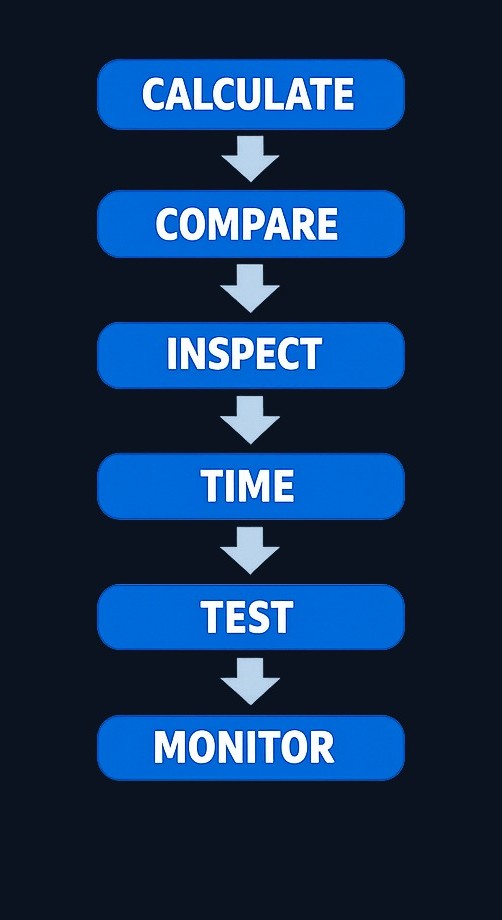 Follow this sequence when analyzing a company's working capital: calculate the current number, compare it to prior periods, inspect the components, assess timing, test scenarios, and monitor changes. Each step builds on the previous one.