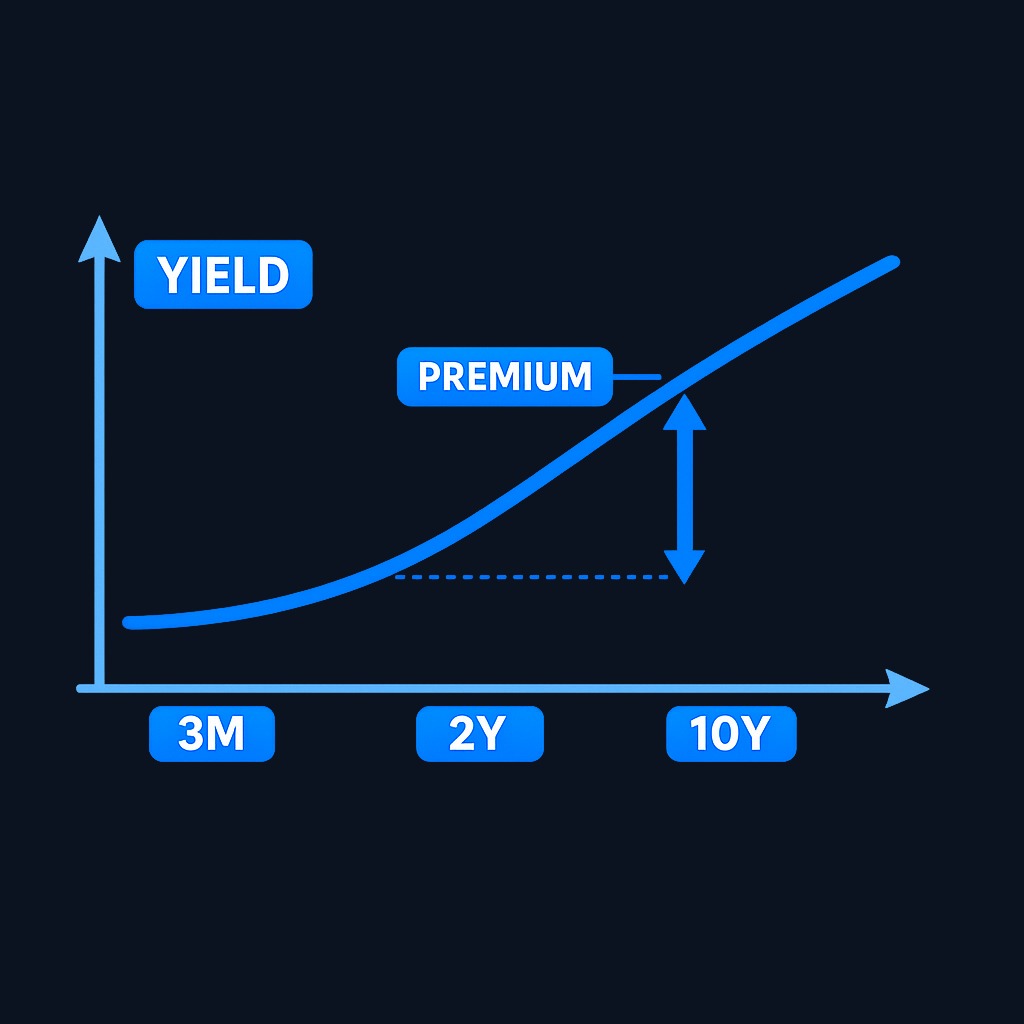 A normal yield curve slopes upward because investors demand higher yields for tying up money longer. The extra yield for longer maturities is called the term premium.