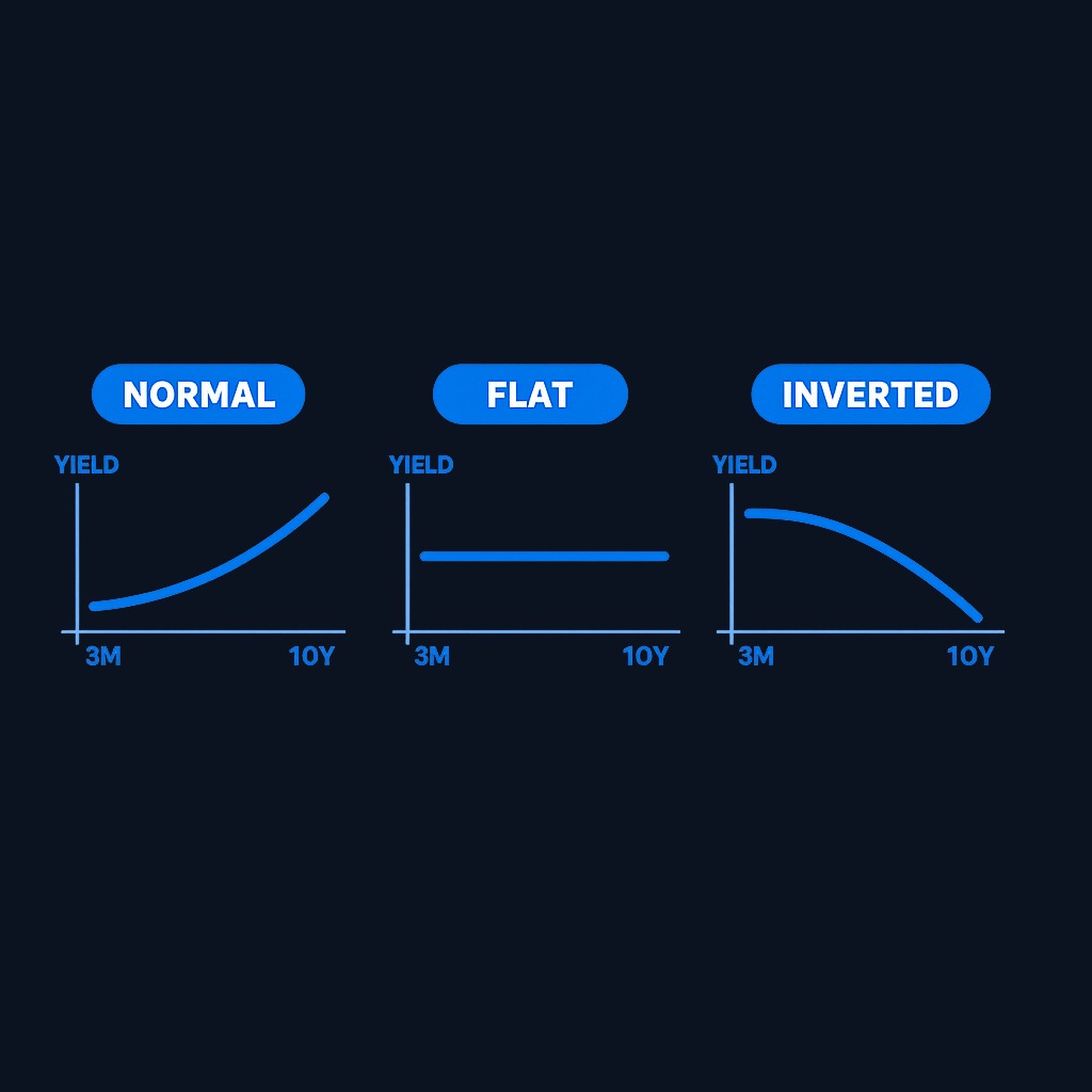 The three key yield curve shapes: Normal (upward sloping) signals ordinary growth expectations. Flat shows uncertainty about rates and growth. Inverted (short yields above long yields) historically precedes recessions.