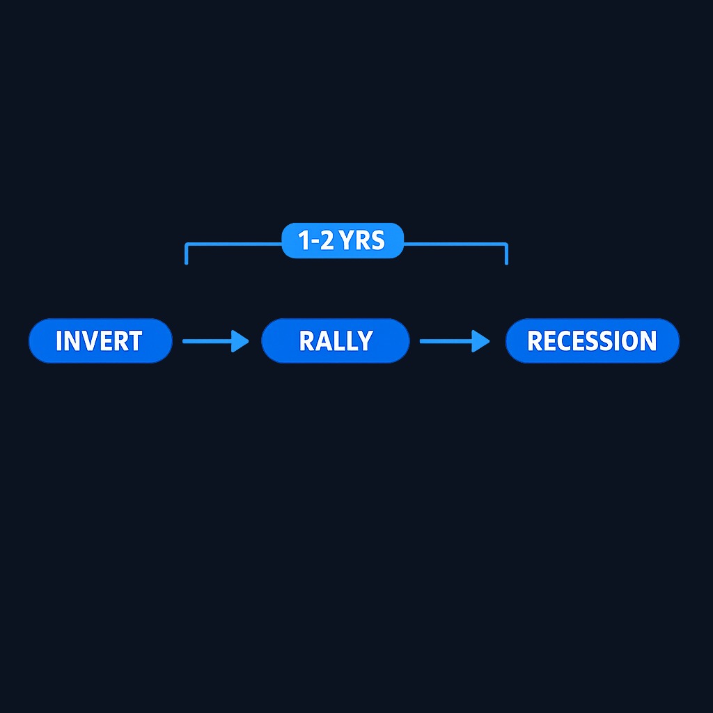 Inversions have preceded most U.S. recessions, but the lag between inversion and recession is long and variable—typically one to two years. Markets often rally during this gap, making immediate exits costly.