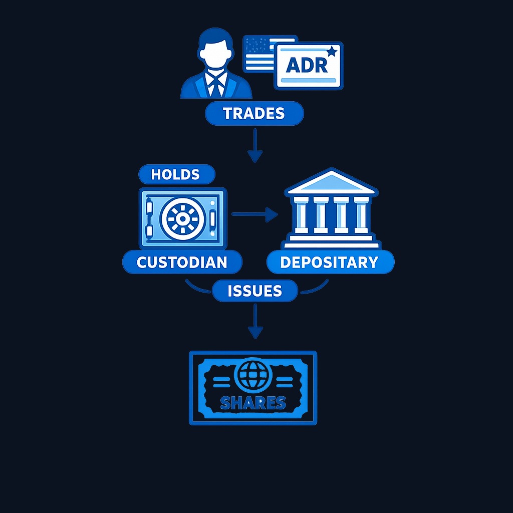 An ADR is a certificate issued by a U.S. depositary bank. The bank holds foreign shares through a custodian and issues American Depositary Shares (ADSs) that you can trade in dollars. Each ADS represents a specific ratio of the underlying foreign shares.