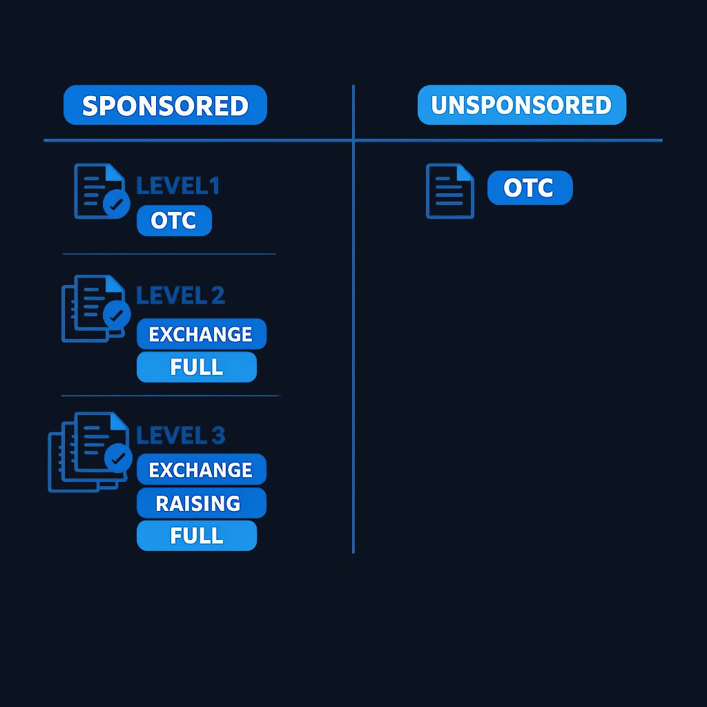 Sponsored ADRs are created with the foreign company's cooperation and offer better disclosure. Level I trades OTC with minimal reporting. Level II and III are exchange-listed and require full SEC filings (Form 20-F), giving investors transparency comparable to U.S. stocks.