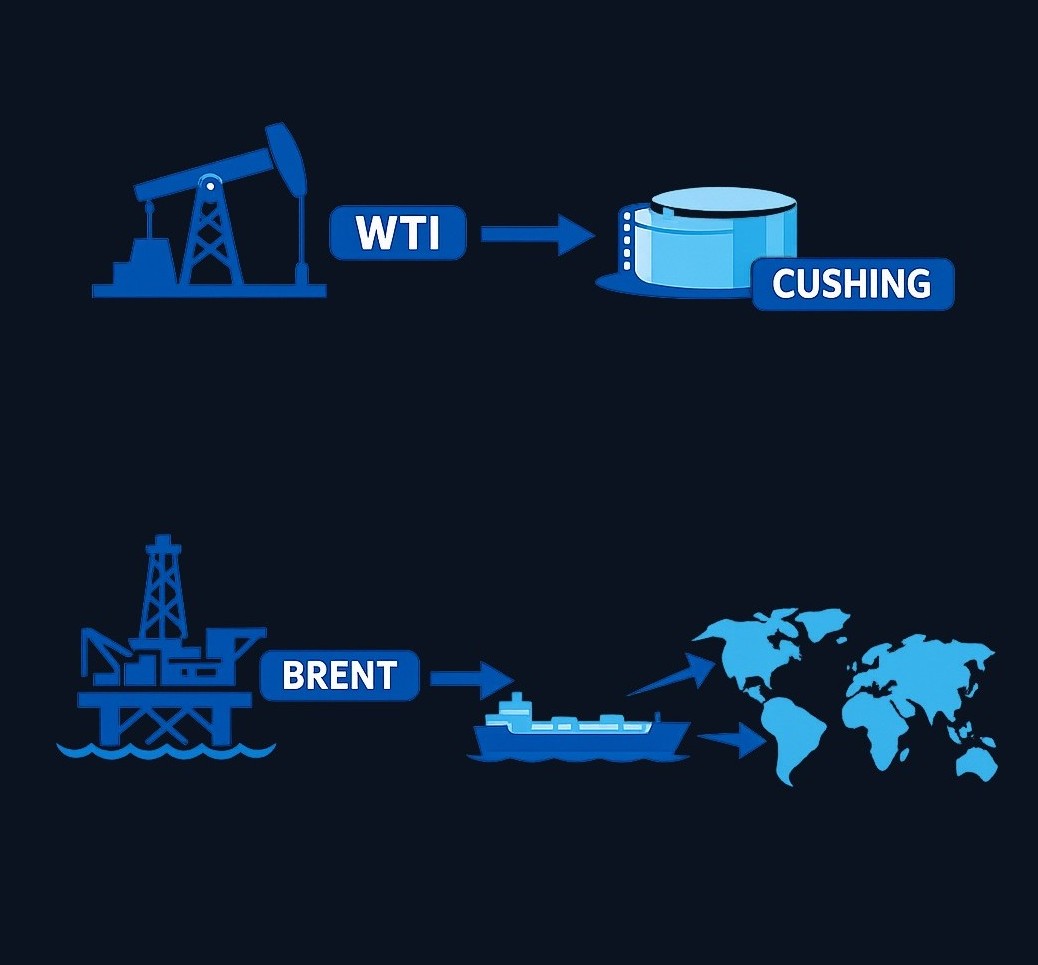 WTI prices oil delivered to a landlocked storage hub in Oklahoma, while Brent crude prices seaborne oil from the North Sea that flows directly into global shipping routes.