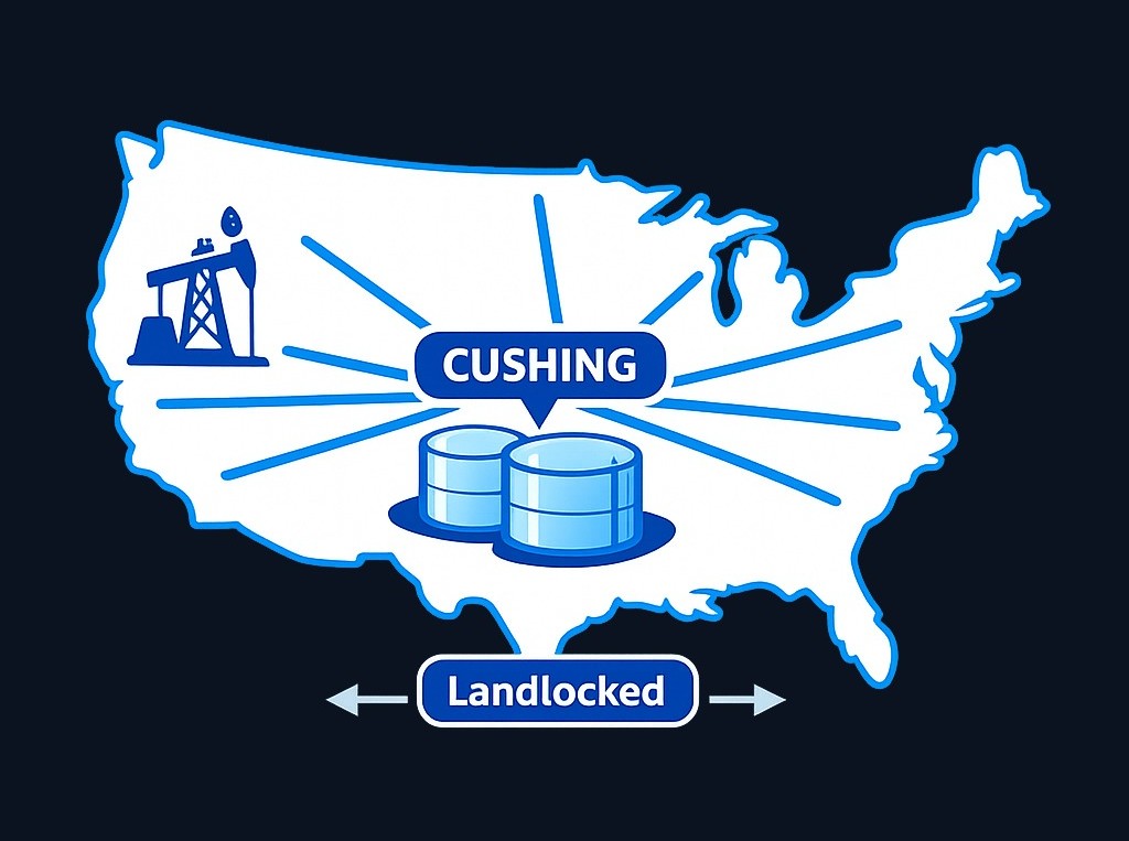 WTI's price reflects conditions at Cushing, Oklahoma — a landlocked storage hub where pipeline capacity, inventory levels, and US production converge before oil can reach export markets.