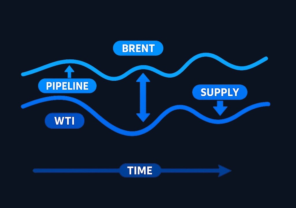 The WTI–Brent spread widens when forces affecting one benchmark don't equally affect the other — such as US pipeline bottlenecks, seaborne shipping disruptions, or regional production changes.