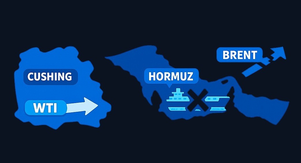 During the 2026 Strait of Hormuz crisis, the shipping chokepoint threatened seaborne Brent crude flows directly, while landlocked WTI rose on the broader supply scare without absorbing the same tanker-route risk premium.