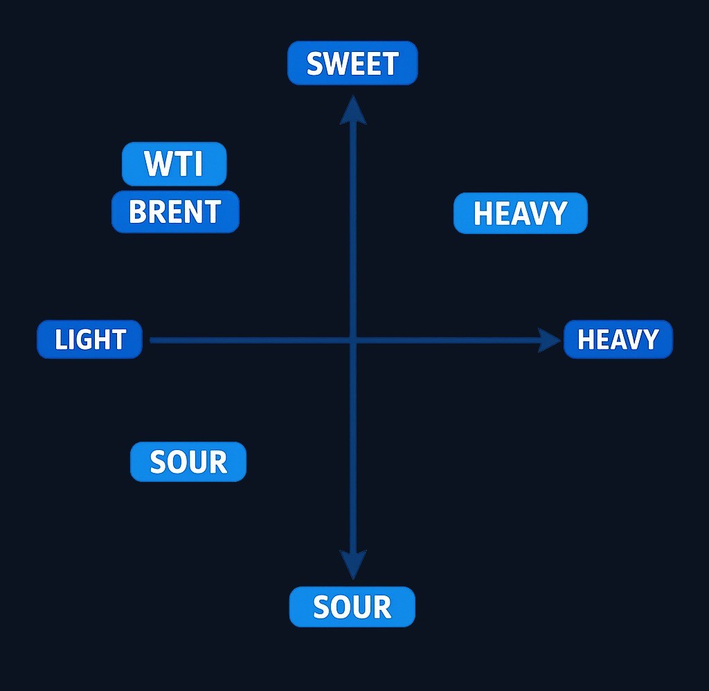 Crude oil is classified by density (light to heavy) and sulfur content (sweet to sour). Light, sweet grades like WTI and Brent crude refine